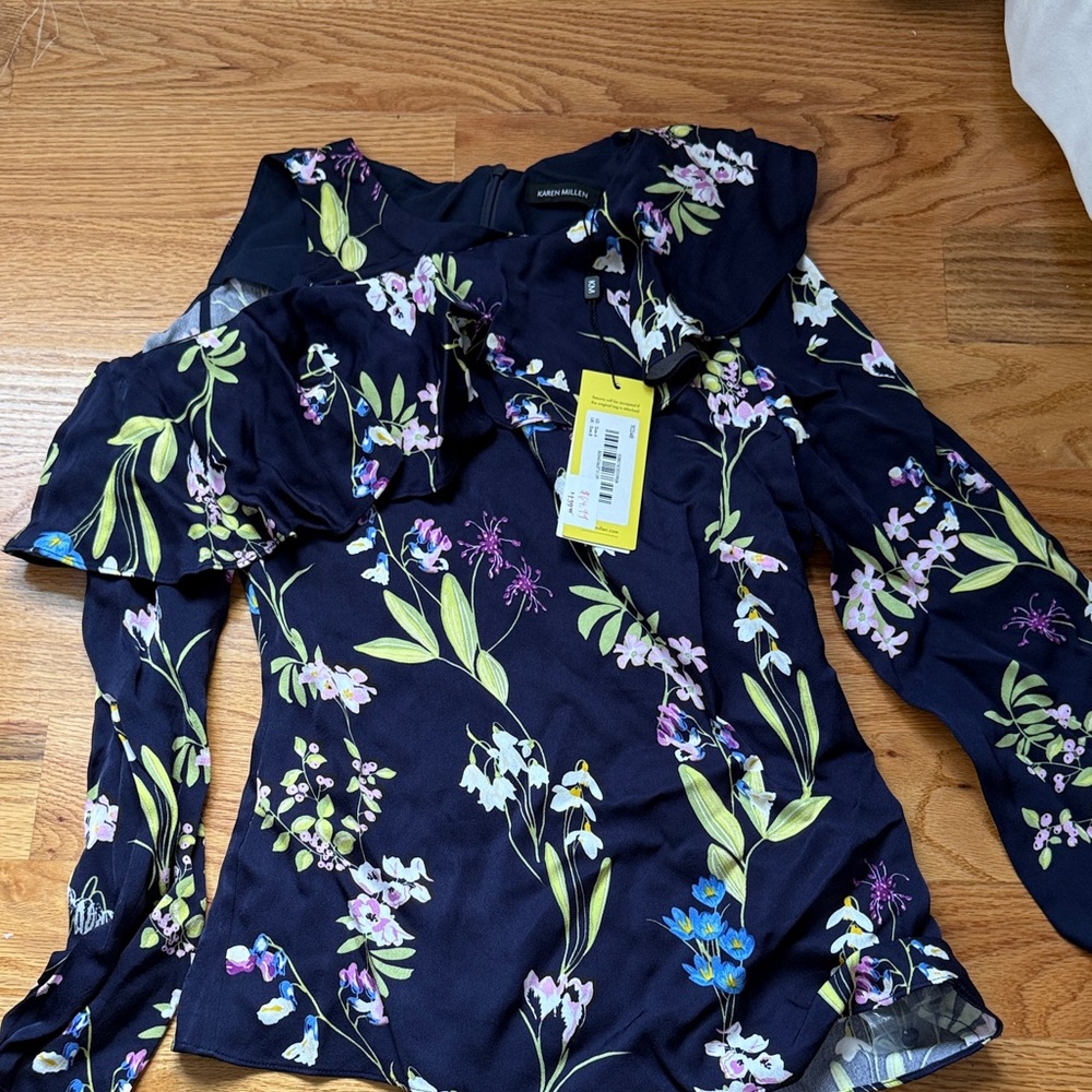 Karen Millen Dark Blue Floral Print Blouse NWT
